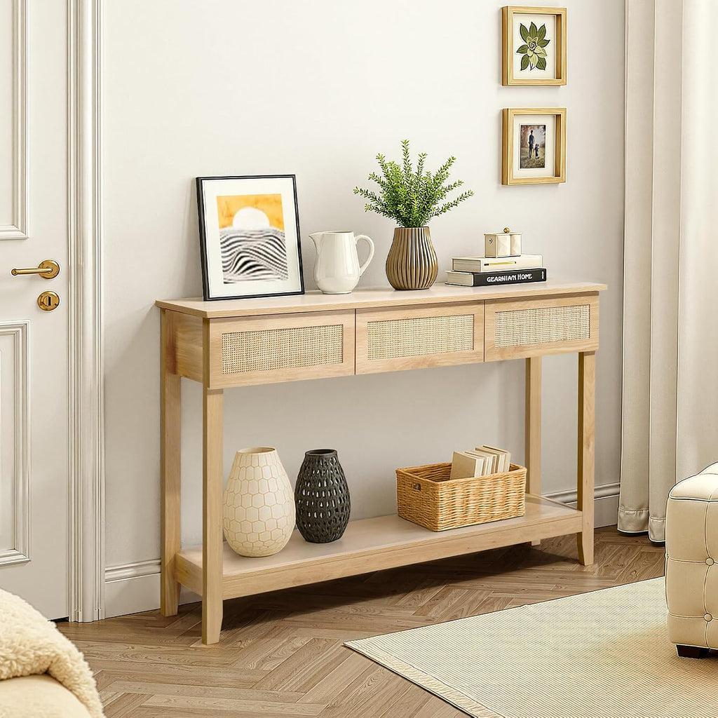 Karl home 51"Console Table w/3 Rattan Drawers & Storage Shelf, Natural Wood | Boho sofa table with 13.1"W rattan drawers,storage shelf,living room and hallway use, natural wood look