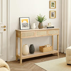 Karl home 51"Console Table w/3 Rattan Drawers & Storage Shelf, Natural Wood | Boho sofa table with 13.1"W rattan drawers,storage shelf,living room and hallway use, natural wood look
