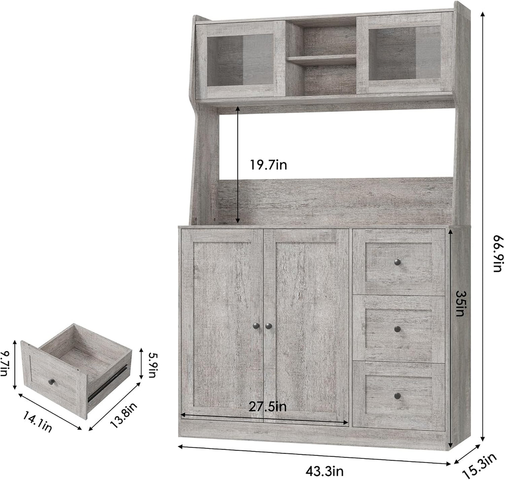 Kitchen Pantry Cabinet with Storage, Buffet Cabinet with Countertop for Microwave Stand, Tall Sideboard Storage Hutch Cabinets with LED, 3 Drawers & Adjustable Shelves for Dining Room, Grey