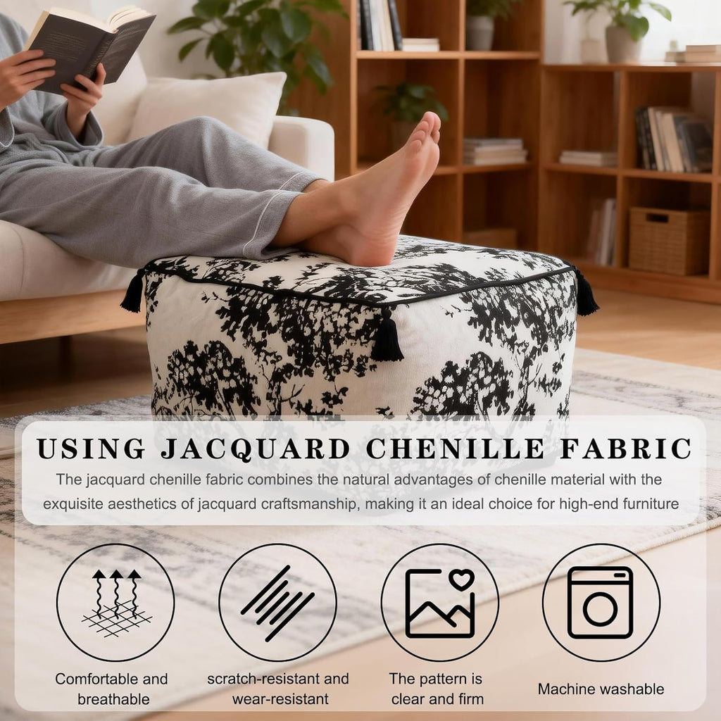 Chenille Square Pouf Ottoman - Foot Stool for Living Room & Bedroom | Soft ottoman with tassels. Removable cover. High-resilience foam. Flannelette base. Tree decor. Step for dogs. 19.7x11.8in