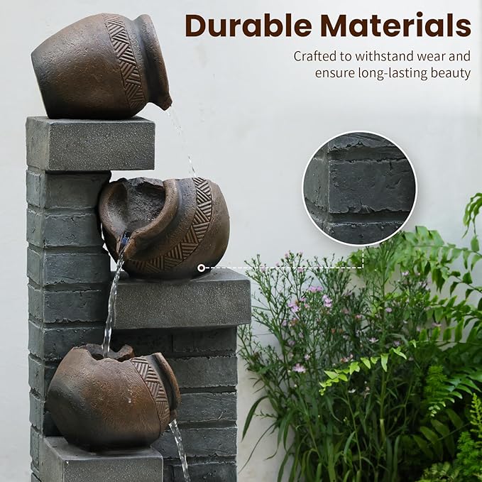 Water Fountain Outdoor 4-Tiers Cascading Realistic Bowls Waterfall Clay Pot Design Outdoor Fountain Resin Imitation Wood with LED Lights for Garden, Patio, Porch 42" H