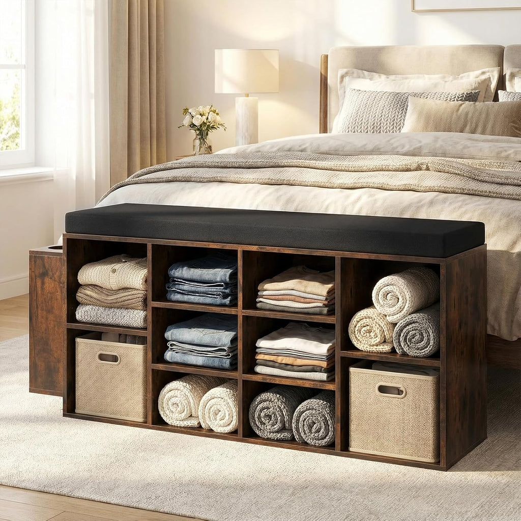 Tangkula Shoe Storage Bench with Umbrella Holder, 40" Shoe Organizer with Cushioned Seat, 10 Cubbies & Adjustable Shelves, Wooden Industrial Shoe Rack for Entryway, Living Room, Bedroom (Rustic Brown)