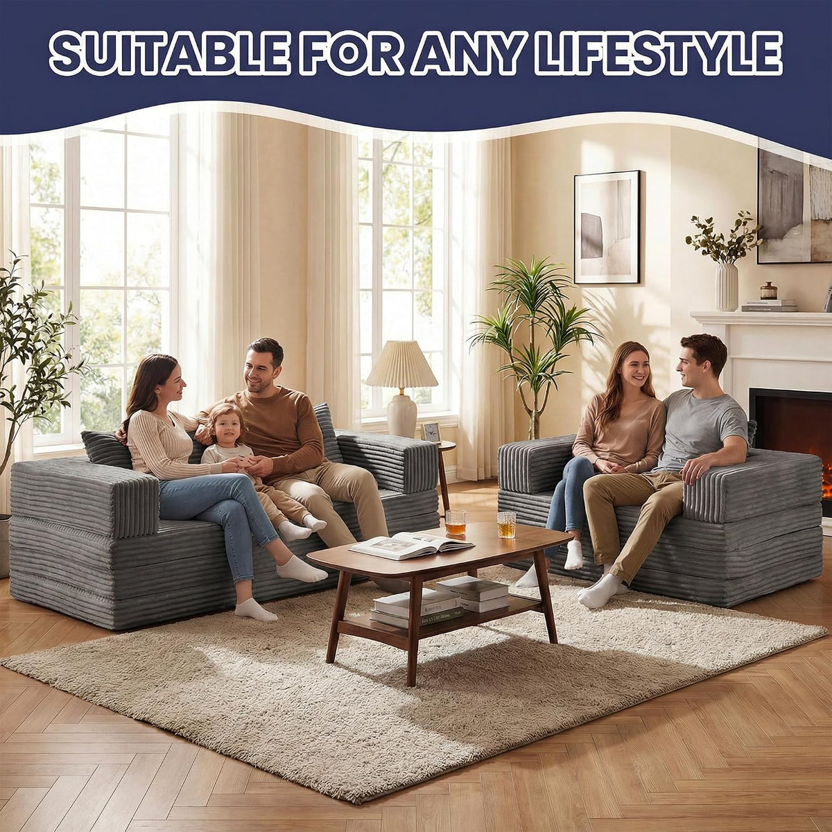 Convertible Sofa Bed, 4-in-1 Loveseat with Removable Armrests Backrest, Corduroy Futon Couch Bed with Pillow, Foldable Mattress Sleeper Sofa for Living Room Bedroom Small Place (Grey)