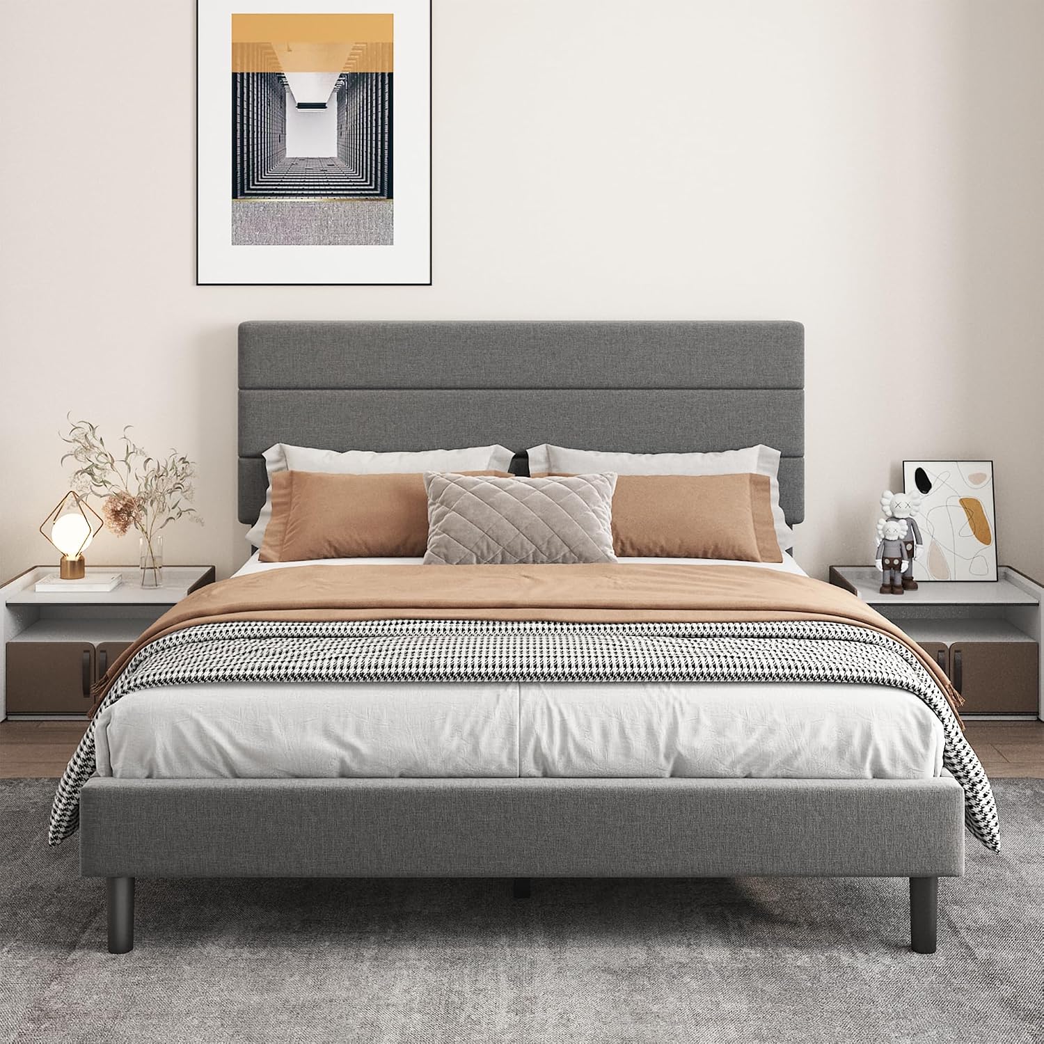 Queen Platform Bed Frame with Adjustable Linen Fabric Upholstered Headboard, Strong Slats Support, Noise-Free, No Box Spring Required, Easy Assembly for Bedroom Guest Room, Grey