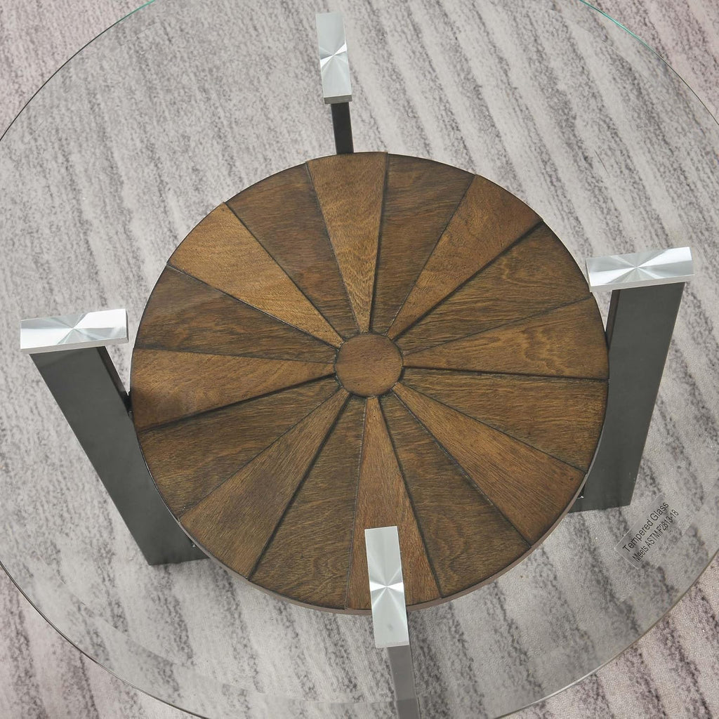 LEEMTORIG Round Glass End Table for Living Room, 23.8" Dia. x 24.4" H Modern Circle End Table with 8mm Thickened Tempered Glass, 2-Tier Side Table with Unique Wood Shelf, Black Metal Frame, CJZ-B2616