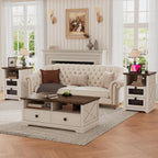 Farmhouse End Table with Charging Station, Nightstand with 2 Drawers & Open Storage,Sofa Side Table with Mesh Drawers, Design Bedside Table for Living Room, Bedroom, White