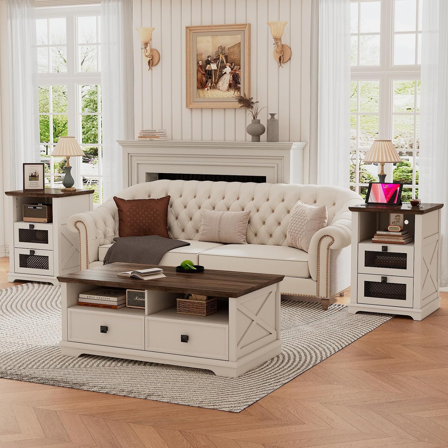 Farmhouse End Table with Charging Station, Nightstand with 2 Drawers & Open Storage,Sofa Side Table with Mesh Drawers, Design Bedside Table for Living Room, Bedroom, White