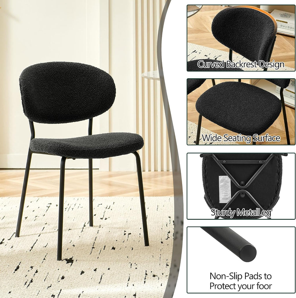 Homedot Modern Kitchen Dining Chairs Black Set of 4, Upholstered Boucle Round Bedroom Reception Side Chairs with Ergonomic Backrest for Apartment, Dining Room, Living Room, Dining Hall