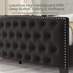 LARMACE King Size Bed Frame Velvet Upholstered Platform Bed with Wingback Headboard & Footbaord, Deep Button Tufted Bed Frame with Wood Slats Support, No Box Spring Needed, Black