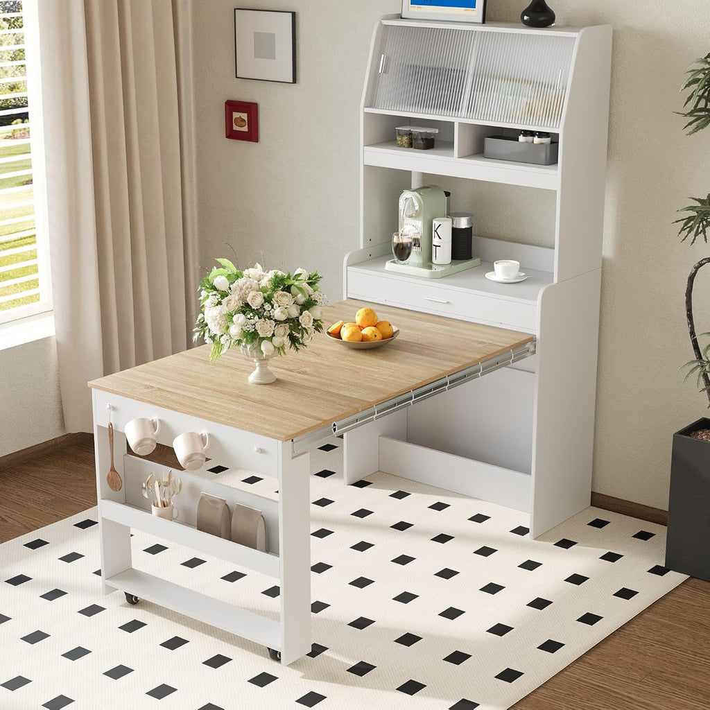 Spaco 2-in-1 Folding Dining Table and Buffet Cabinet Set,Compact Pull-Out Kitchen Table with Wheels,Storage Shelf and Side Hooks,Multifunctional Cupboard for Small Place (White & Oak)