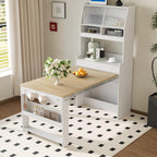 Spaco 2-in-1 Folding Dining Table and Buffet Cabinet Set,Compact Pull-Out Kitchen Table with Wheels,Storage Shelf and Side Hooks,Multifunctional Cupboard for Small Place (White & Oak)