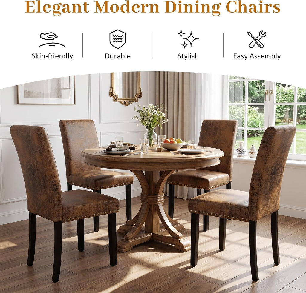 Dining Chairs Set of 4, Vintage Brown Kitchen Chairs with Nailhead Trim | Comfy Padded Parsons Chairs with Solid Wood Legs, Suitable for Dining Room, Kitchen, Restaurant