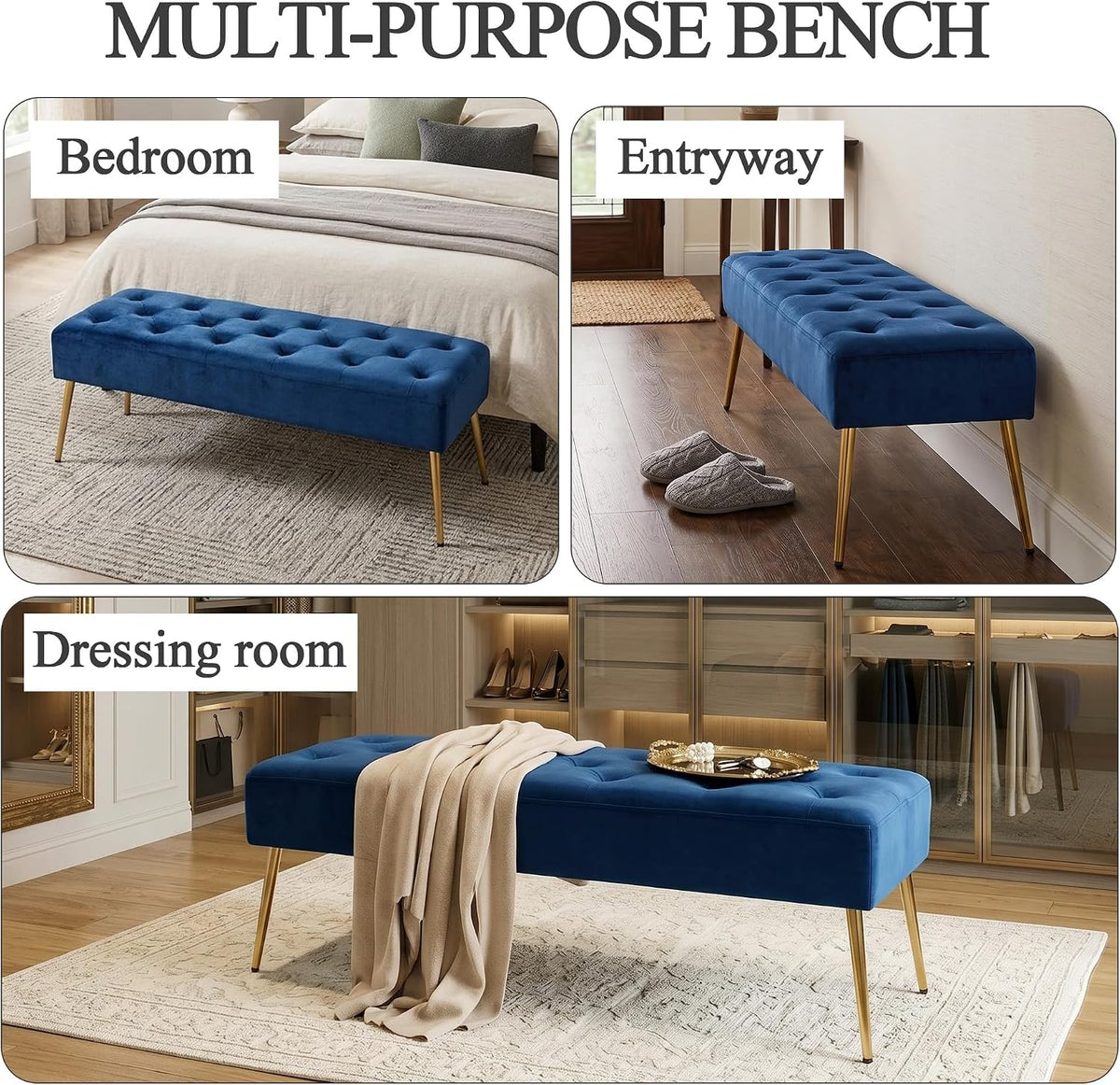 DUHOME Button-Tufted Ottoman Bench, Upholstered Bedroom Benches Velvet Footrest Stool Dining Bench Accent Bench for Entryway Dining Room Living Room Bedroom, Dark Blue