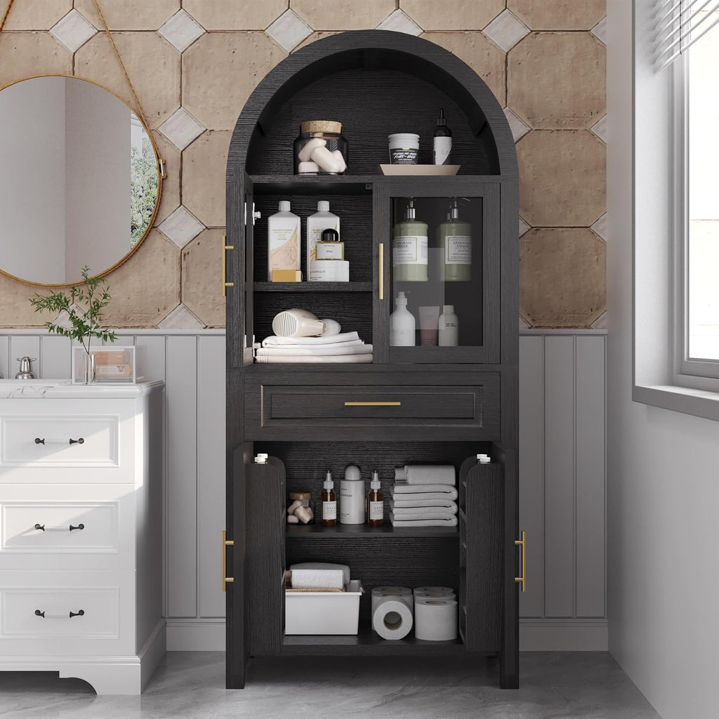 71" Tall Farmhouse Pantry Cabinet, Arched Glass Door Kitchen Storage Cabinet with Barn Door Design, Freestanding Buffet Cabinet with Adjustable Shelves for Kitchen,Living Room,Dining Room,Black