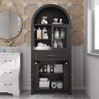 71" Tall Farmhouse Pantry Cabinet, Arched Glass Door Kitchen Storage Cabinet with Barn Door Design, Freestanding Buffet Cabinet with Adjustable Shelves for Kitchen,Living Room,Dining Room,Black
