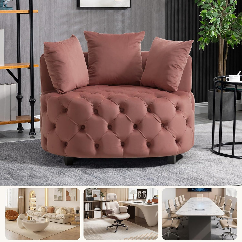 mikibama Oversized Accent Barrel Chair, 40.6" W Velvet Upholstered Round Chair with Pillows, Rubber Wood Legs Modern Lounge Reading Sofa Armchair for Living Room, Bedroom