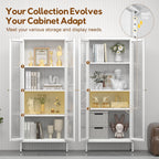 UNICOLY Display Cabinet with Glass Doors, Glass Display Cabinet 4-Tier, Metal Curio Display Cabinet with Tempered Glass Doors for Living Room, Plant, Display Shelf, Assembly Required, White
