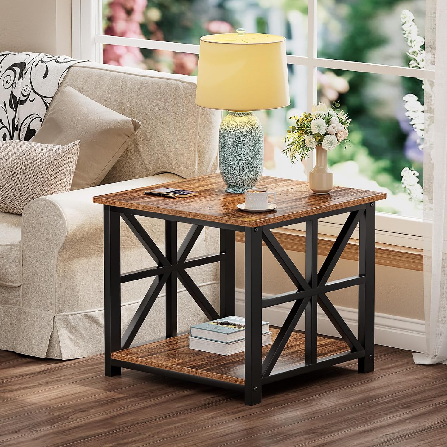 GreenForest Large End Table with X-Shaped Metal Frame for Living Room | Rustic Side Table for Bedroom Office,2-Tier Storage Shelf Nightstand,Scratch-resistant Sofa Table,Walnut,24 inch