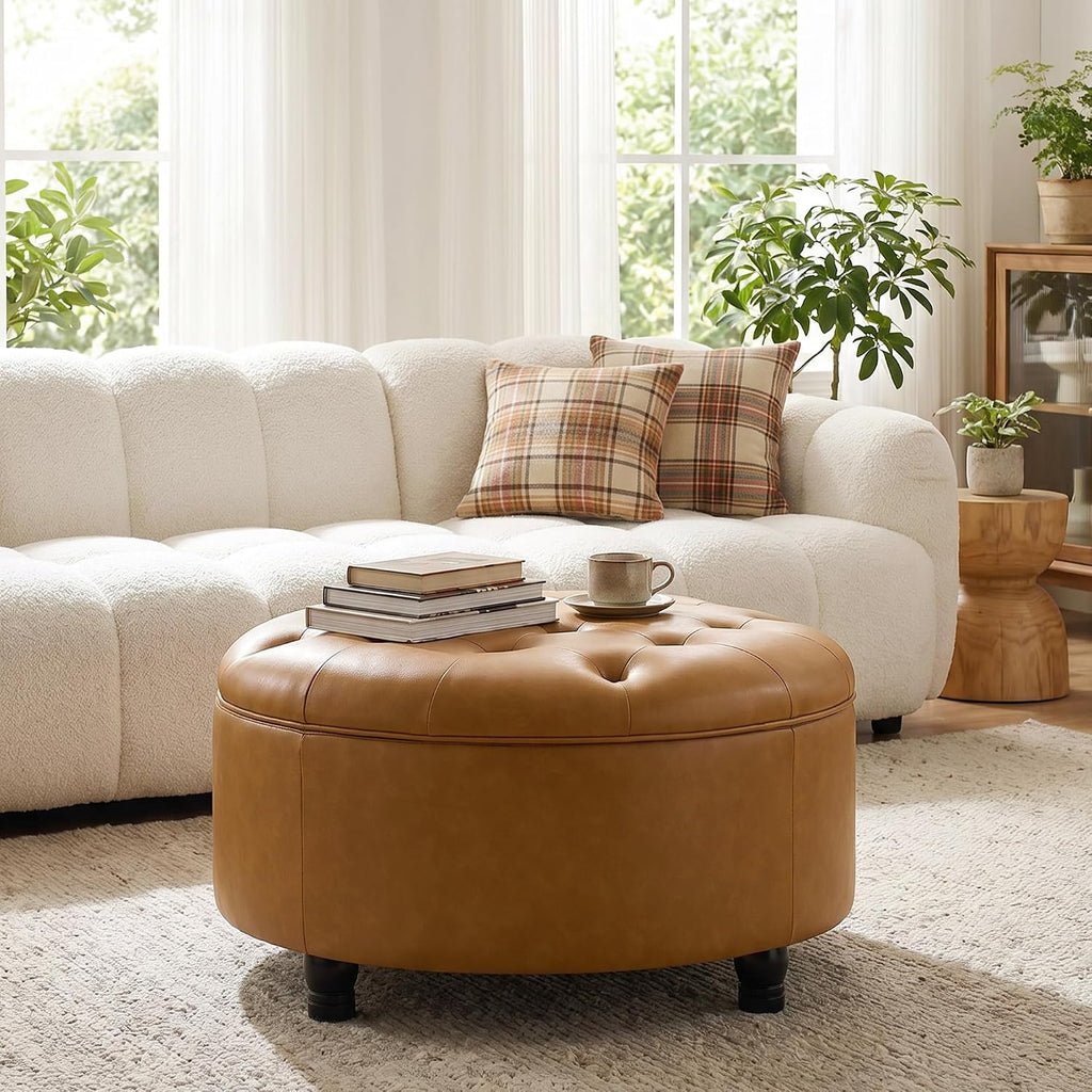 30-Inch Round Storage Ottoman, Leather Ottoman (Bright Orange) | Button Tufted Ottoman with Storage, Ottoman Coffee Table with Removable Top for Living Room, Bedroom, Office