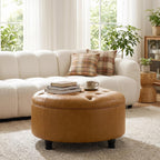 30-Inch Round Storage Ottoman, Leather Ottoman (Bright Orange) | Button Tufted Ottoman with Storage, Ottoman Coffee Table with Removable Top for Living Room, Bedroom, Office