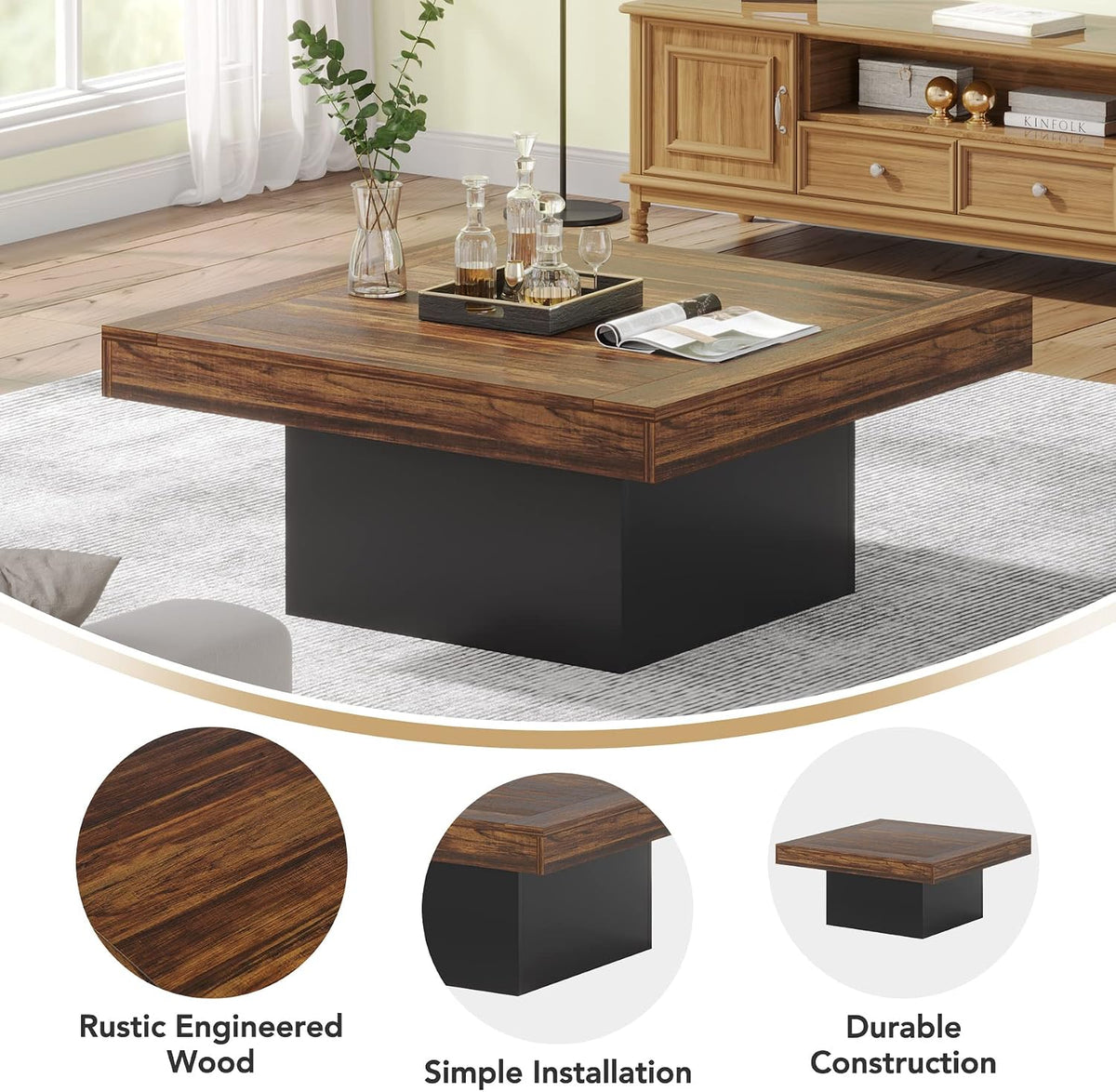 Tribesigns 35.4-Inch Square Coffee Table with LED Light, Modern Wood Coffee Table, Large Center Table for Living Room, Rustic Brown & Black