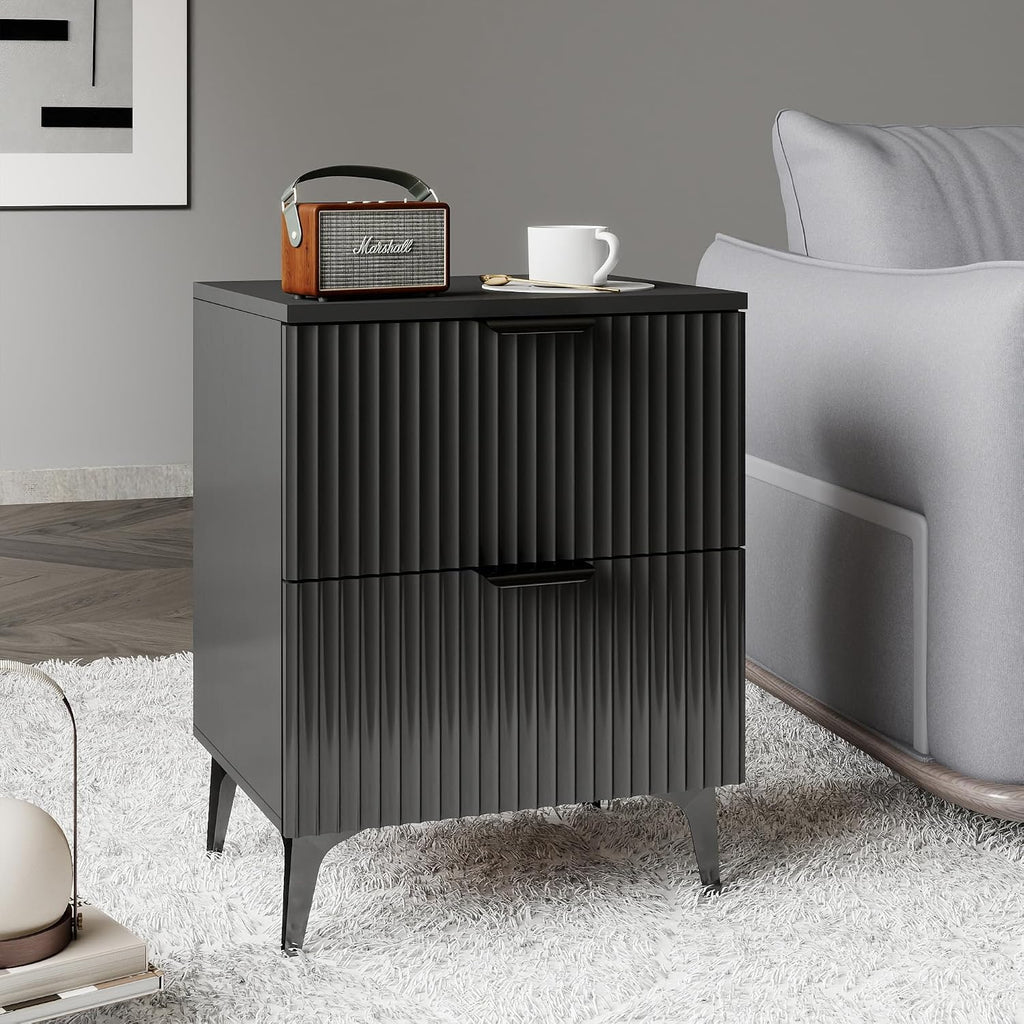 Wood Nightstand Set of 2, Fluted Bedside Tables with 2 Drawers