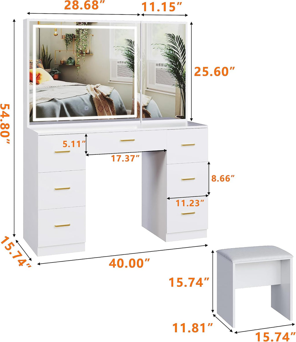 Wildhome Vanity Desk with Mirror and Lights, Makeup Vanity Desk with 7 Drawers & Cushioned Stool, Hidden Cabinet, Brightness Adjustable, Vanity Table for Bedroom, Dressing Room, Women, Girl (White)