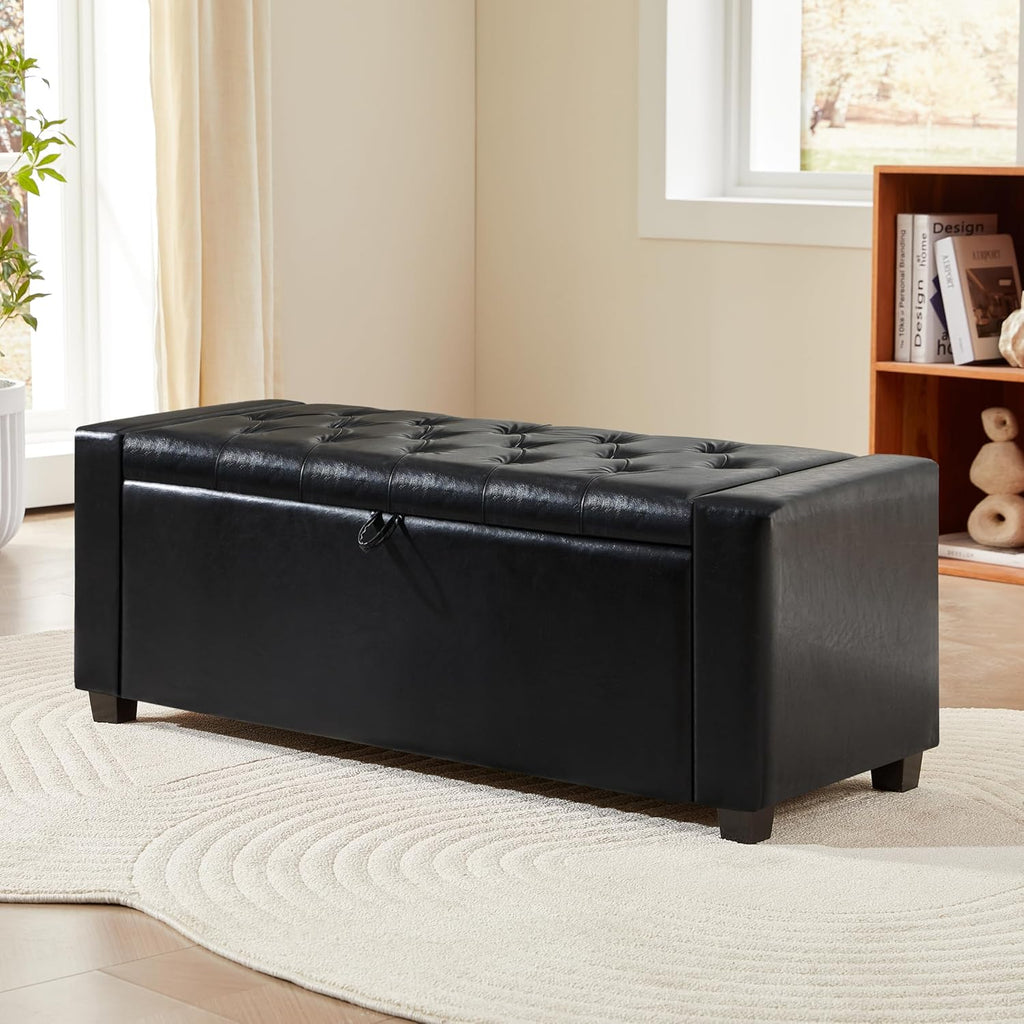 Royal Windsor Ottoman with Storage,Tufted Storage Bench with Safety Hinge,Holds up to 350 lb,Upholstered Bench with Seating for Bedroom, Living Room,Entryway,Leather Black