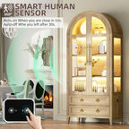 Vlsrka 71" Arched Curio Cabinet with Glass Doors, 4-Shelves Display Cabinet and 2 Drawers, Display Case with 3 Color Lights, Tall Bookcase, Kitchen Pantry, Wood Color