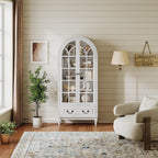 LIVAUVEAD 67" Tall Arched Kitchen Pantry Cabinet with Hidden Drawers & Adjustable Shelves, Bookshelf with Glass Door, Arched Cabinet for Kitchen, Dining Room
