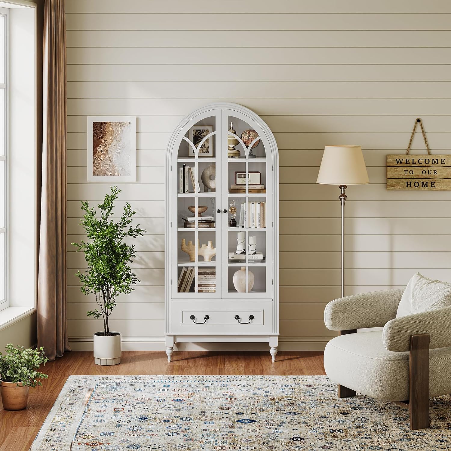 LIVAUVEAD 67" Tall Arched Kitchen Pantry Cabinet with Hidden Drawers & Adjustable Shelves, Bookshelf with Glass Door, Arched Cabinet for Kitchen, Dining Room