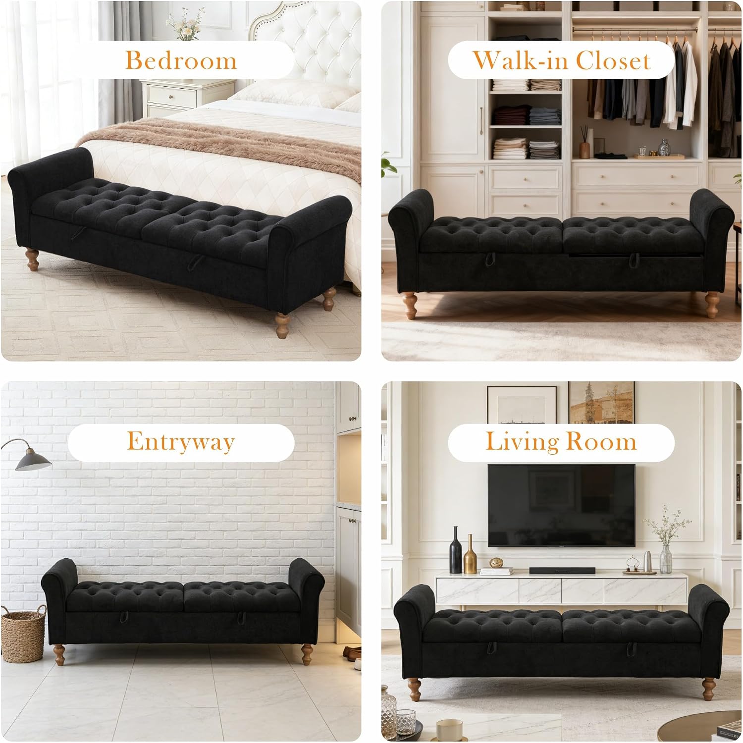 Aoiy & Wifon 65.75" W Large Storage Ottoman Bench, Modern King Size End of Bed Storage Bench with Wood Legs, Upholstered Window Bench for Bedroom, Living Room, Entryway, Black