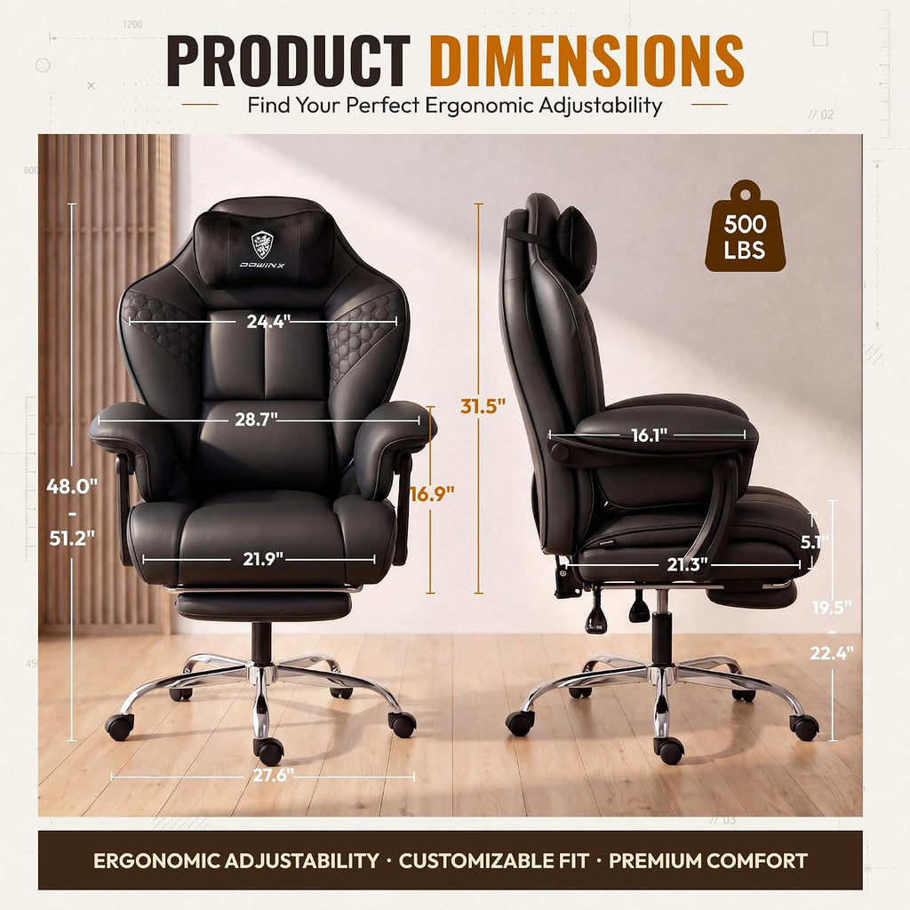 Dowinx Big and Tall Gaming Chair with Footrest for Home Office 500LBS Black | High Back Leather Office Chair, Extra-Wide & Thick-Padded Seat Cushion with Ergonomic Lumbar Support and Soft Linkage Armrest