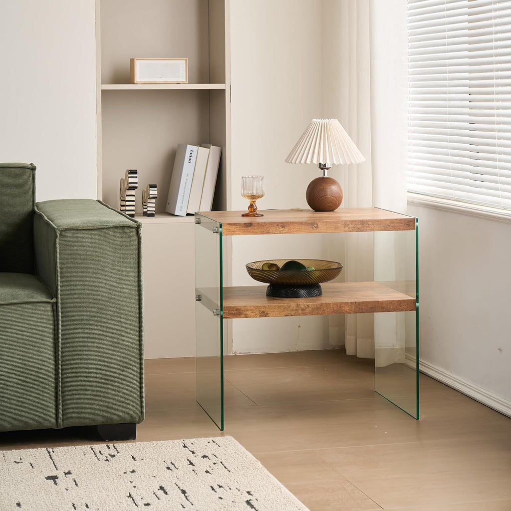 Glass Side Table Modern Design: Two-Tier Walnut MDF Frame & Tempered Glass Surface - Waterproof Durable End Table for Small Apartments & Boutique Accommodations Living Room Bedside Use