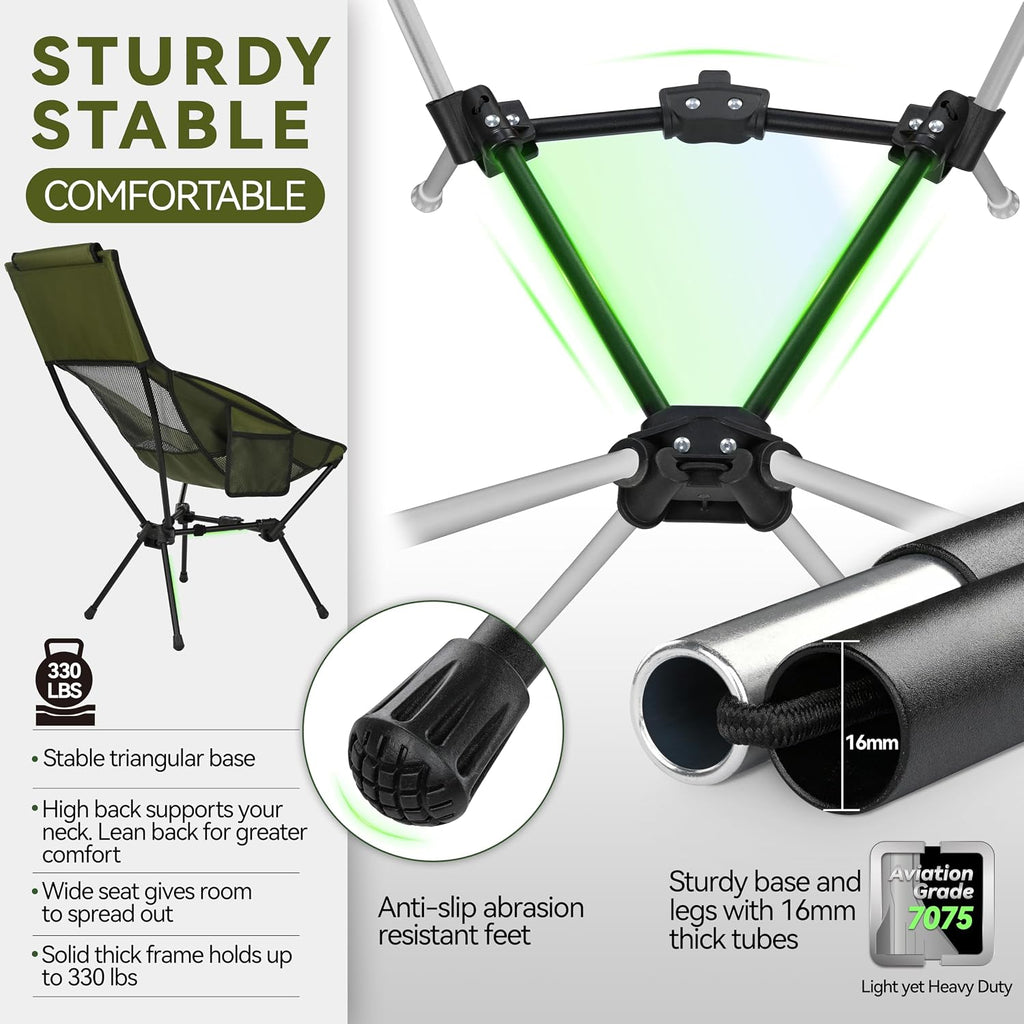 MARCHWAY Lightweight Folding High Back Camping Chair with Head Support, Stable Portable Compact for Outdoor Camp, Travel, Beach, Picnic, Festival, Hiking, Backpacking (Highback Green)