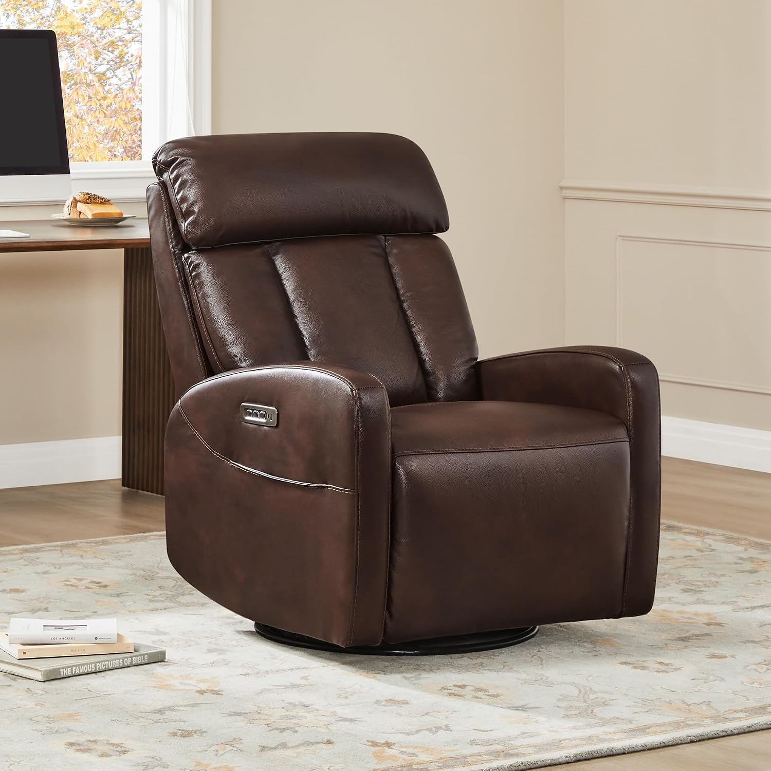 CHITA Genuine Leather Power Recliner Chair, Swivel Rocker, Cognac Brown | Electric Triple Motor Rocker Recliner for Living Room with Adjustable Headrest / Lumbar Support, USB & Type-C Charging Ports