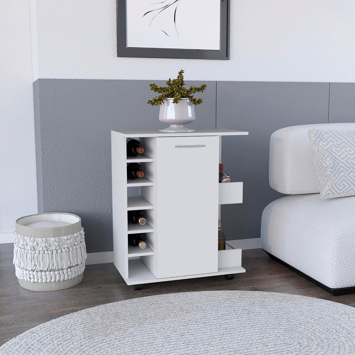 Kitchen Island Wynne with Storage and Cabinet, White/Macadamia Finish | Includes push-to-open cabinet door and open shelves for organized storage
