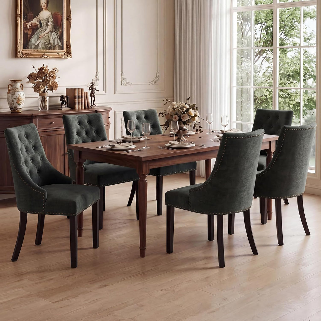 LSSBOUGHT Tufted Dining Chairs, Upholstered Accent Chairs with Nailhead Trim Solid Wood Legs for Kitchen & Dining Room (Green, Set of 2)