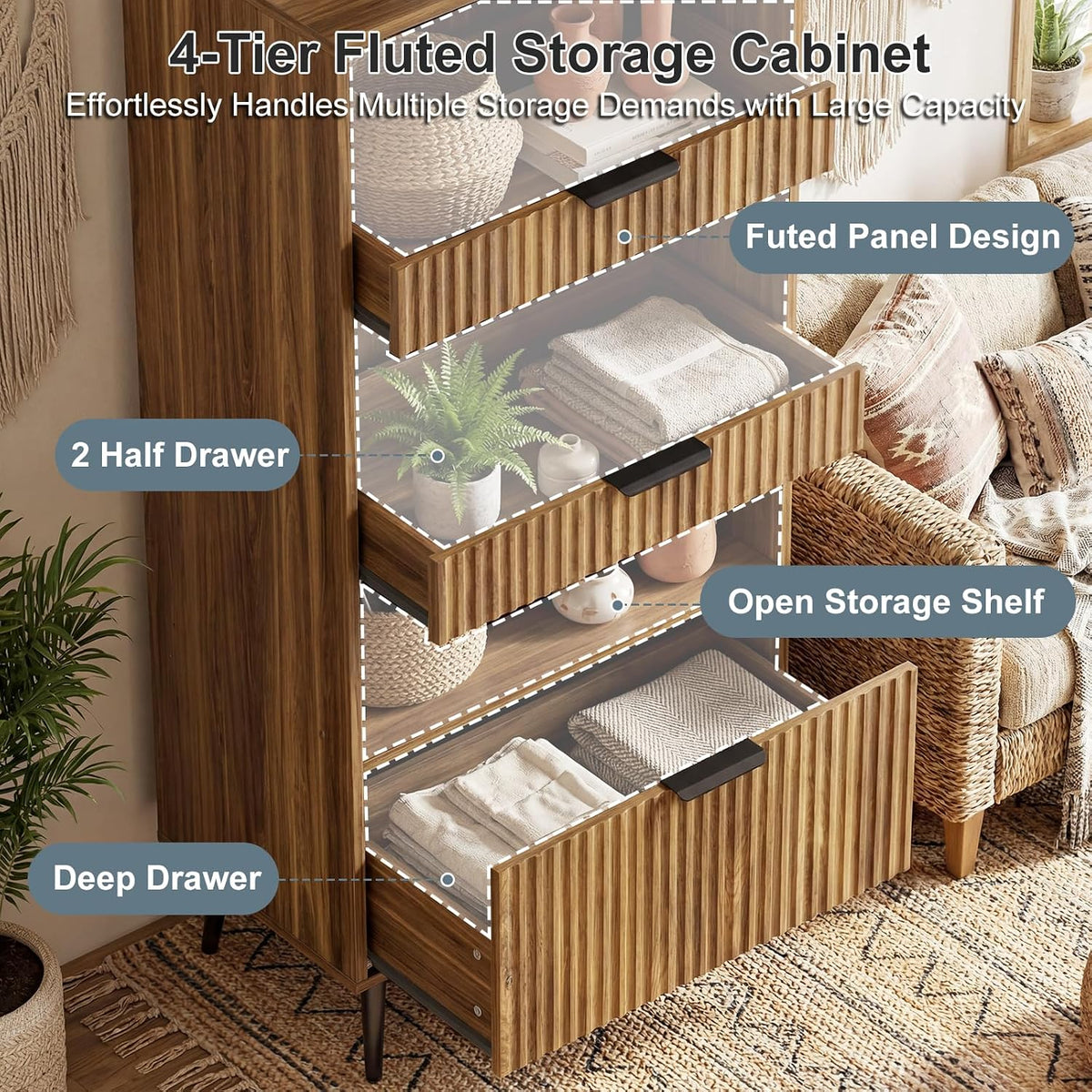 Bathroom Storage Cabinet Set of 2, 47.2" Wide 5-Tier Freestanding Pantry Cabinet with 6 Extra-Large Drawers & 2 Open Shelves, Fluted Floor Organizer Cupboard for Kitchen, Living Room, Yellow Oak