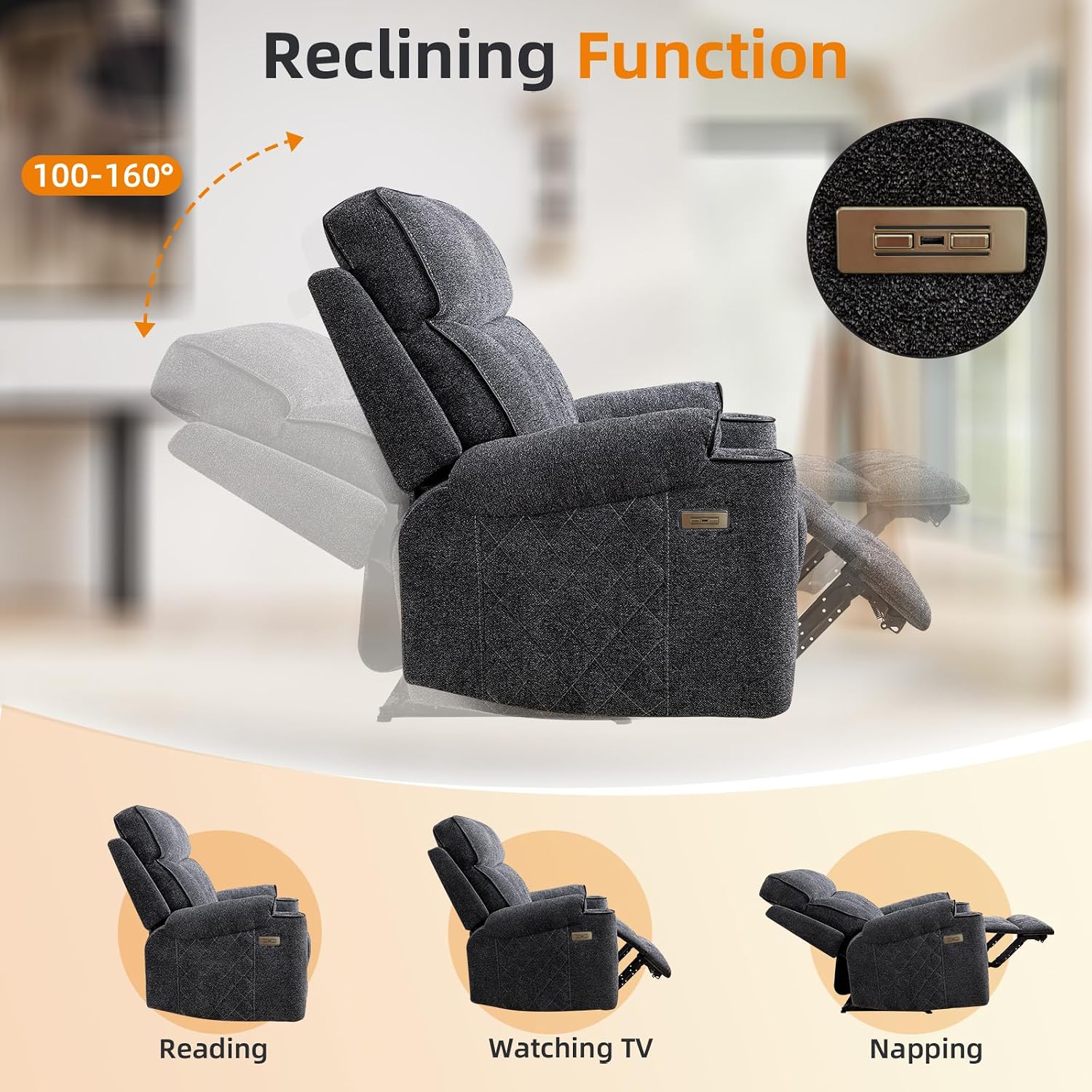 EBELLO Power Recliner Chair, Electric Fabric Reclining Sofa with Cup Holders, USB Type-C Charging Ports, for Small Living Room, Bedroom and Meeting Room, Grey