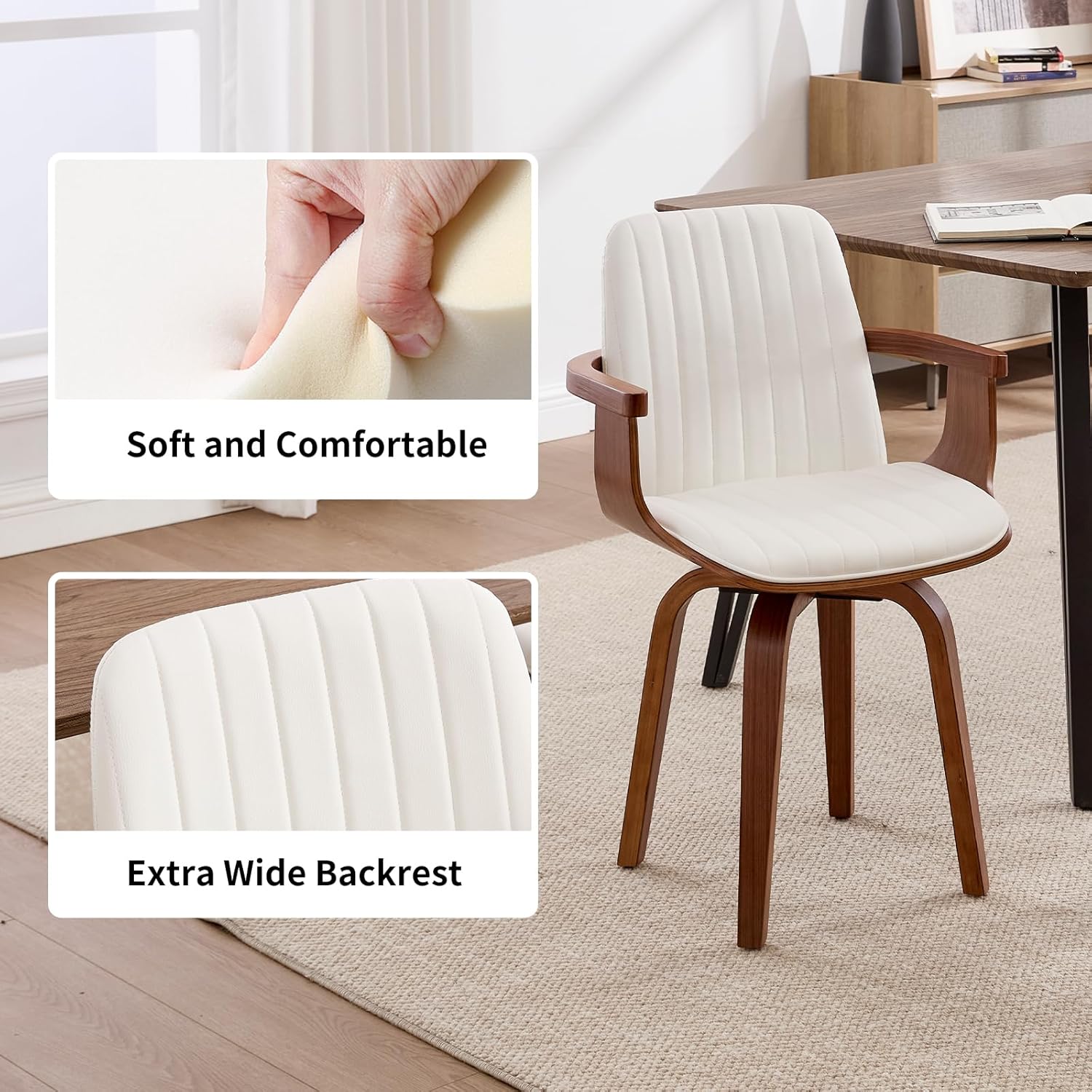 VipDesk Swivel Dining Chairs Set of 2 - Mid Century Modern Kitchen Chairs for Dining Room, Upholstered PU Leather Chairs with Walnut Arms and Legs, White