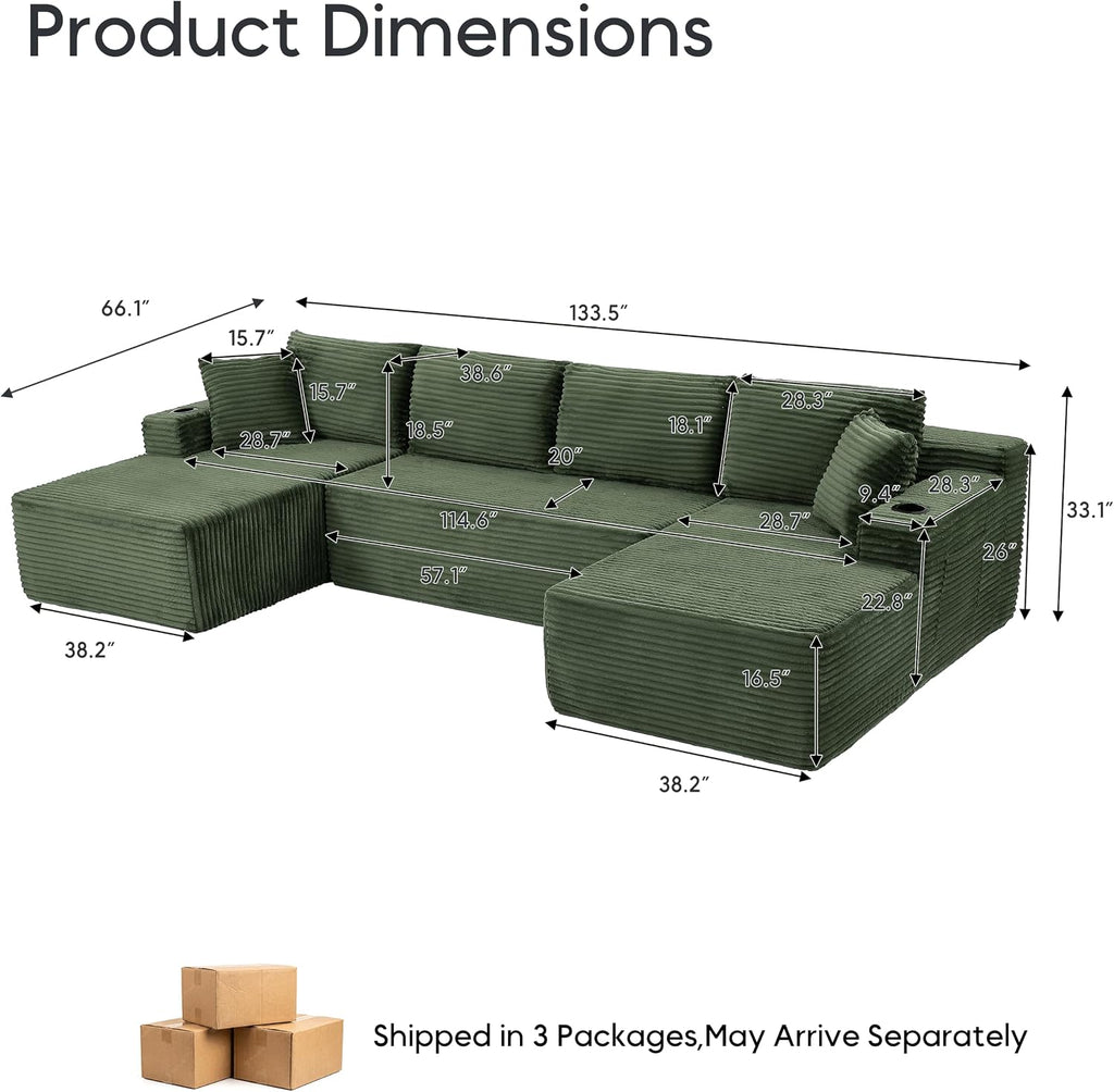 133" U-Shaped Modular Sectional Sofa, Corduroy Couch, Green | Cloud Luxury Comfort, Couches for Living Room, Storage & Cupholder, Oversized Sofa, Deep Seat, No Assembly Required