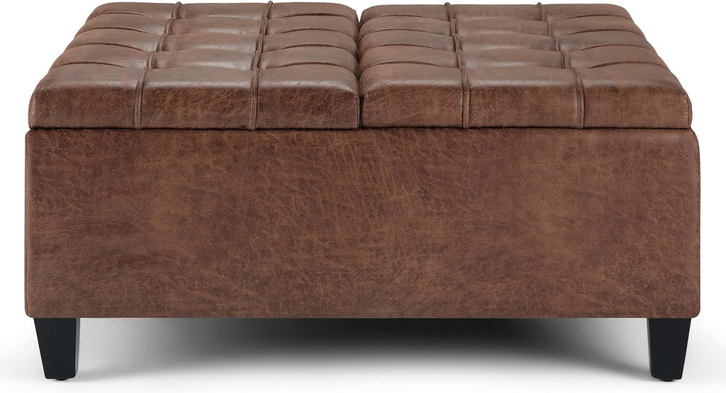 SIMPLIHOME Harrison 36" Wide Vegan Leather Lift Top Ottoman in Saddle Brown | Distressed saddle brown, transitional lift-top ottoman with hidden storage for living room; square footstool or coffee table.
