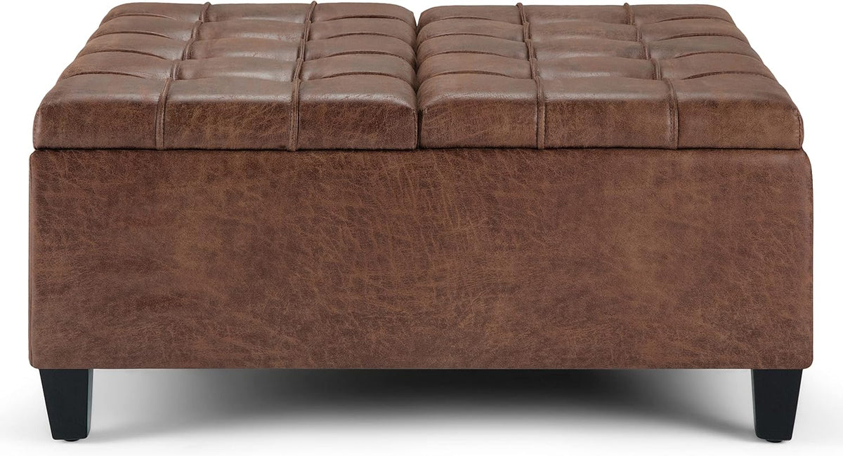SIMPLIHOME Harrison 36" Wide Vegan Leather Lift Top Ottoman in Saddle Brown | Distressed saddle brown, transitional lift-top ottoman with hidden storage for living room; square footstool or coffee table.