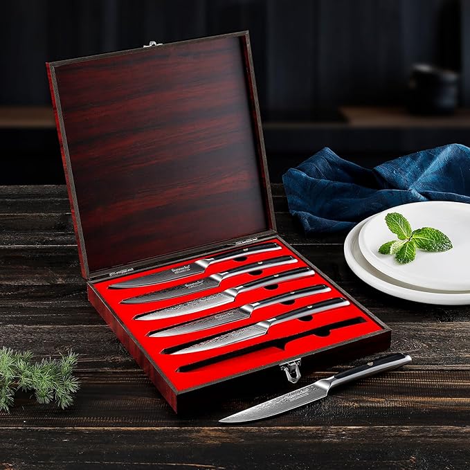 Sunnecko Damascus Steak Knives Set of 6 Non Serrated, Japanese VG10 Stainless Steel Steak knives Dishwasher Safe, 5 Inch Steak Knives G10 Handle with Wood Gift Box