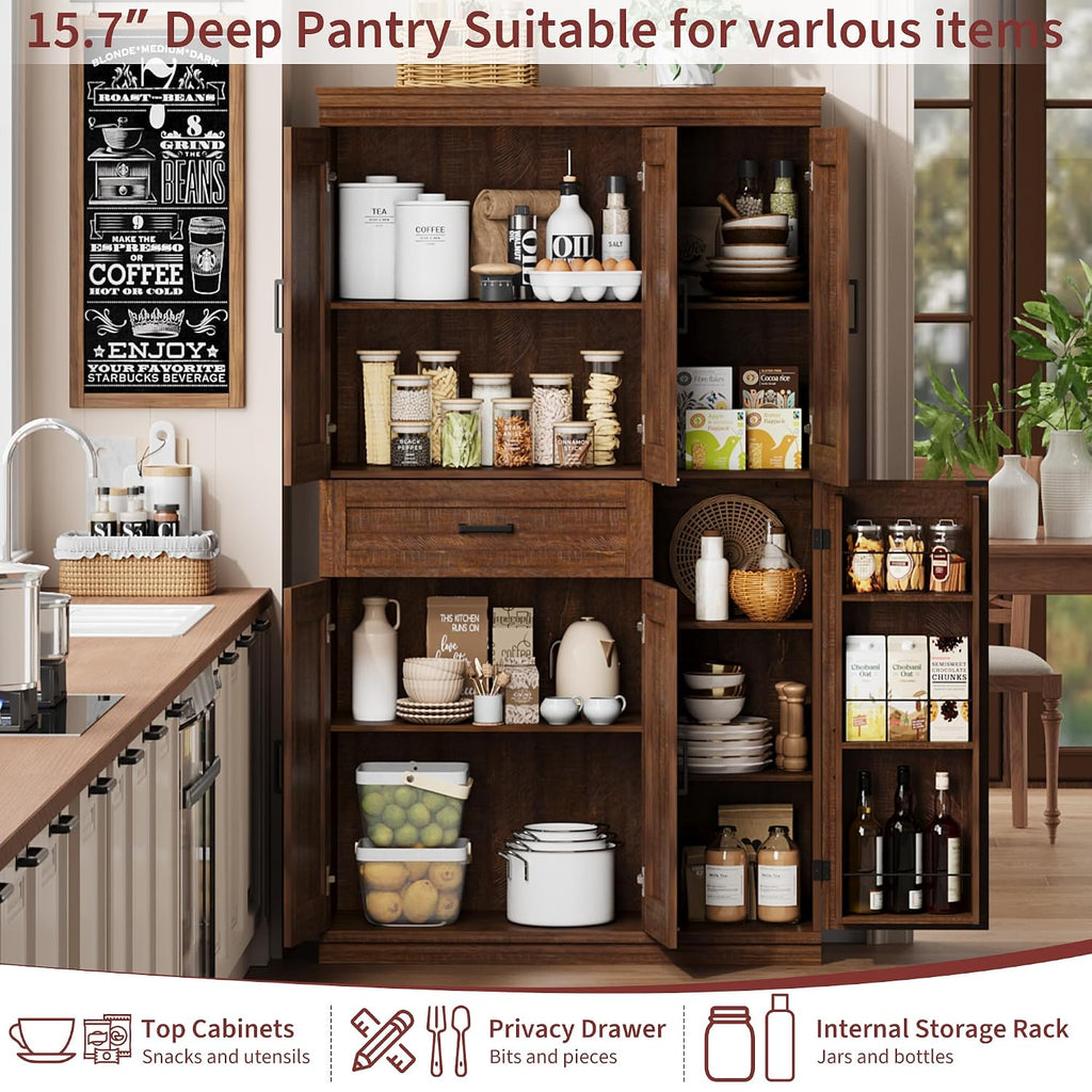 Garvee 70" Tall Kitchen Pantry Storage Cabinet,Modern Kitchen Hutch Cabinet | with Doors and Shelves, Freestanding Food Pantry with Large Storage Drawer for Dining Room and Household Organization