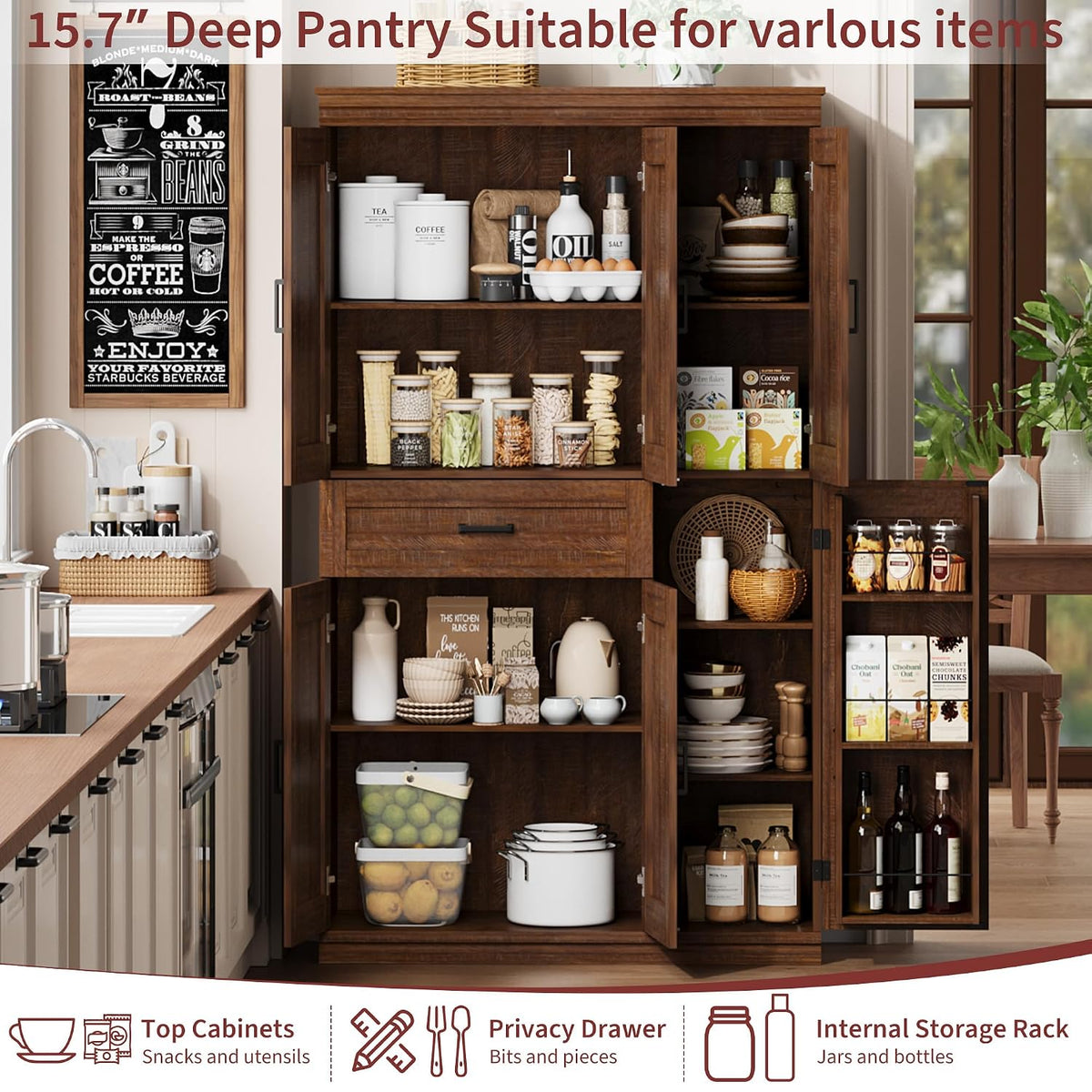 Garvee 70" Tall Kitchen Pantry Storage Cabinet,Modern Kitchen Hutch Cabinet | with Doors and Shelves, Freestanding Food Pantry with Large Storage Drawer for Dining Room and Household Organization