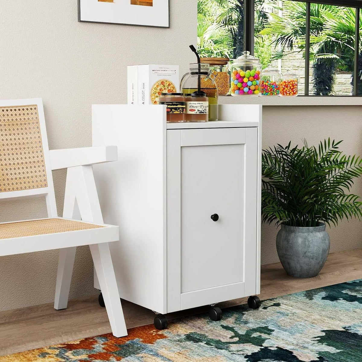 Sliding Pantry Organizer Cabinet with Wheels, 3 Tier Pull Out Snack Storage Rack for Kitchen, Bathroom, Laundry Room, White Mobile Food Organizer with Door & Shelves