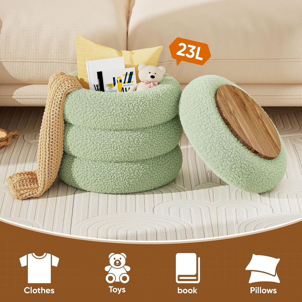 Soft Teddy Round Ottoman with Tray, 17.5 Inches Ottoman Coffee Table with Storage for Living Room, Vanity Stool with Storage Bedroom, Load up to 300 lb, No Assembly Required (Green)
