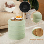 Soft Teddy Round Ottoman with Tray, 17.5 Inches Ottoman Coffee Table with Storage for Living Room, Vanity Stool with Storage Bedroom, Load up to 300 lb, No Assembly Required (Green)